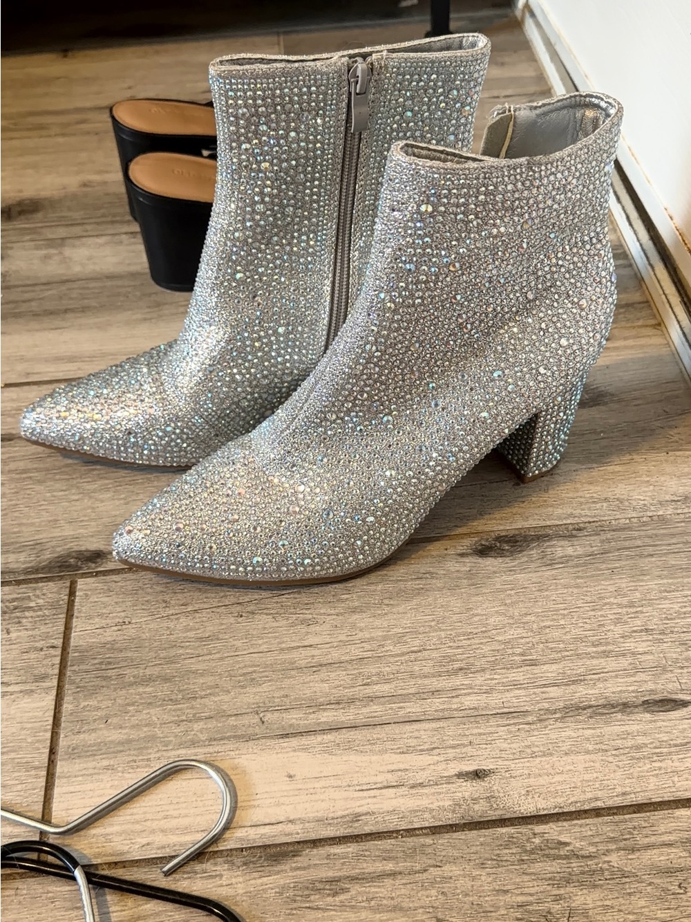 Sparkling Silver Rhinestone Ankle Boots - Women's Fashion Booties